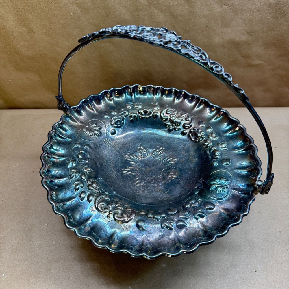 Antique Forbes Silver Co Silverplate Brides Basket Iridescent Patina Floral